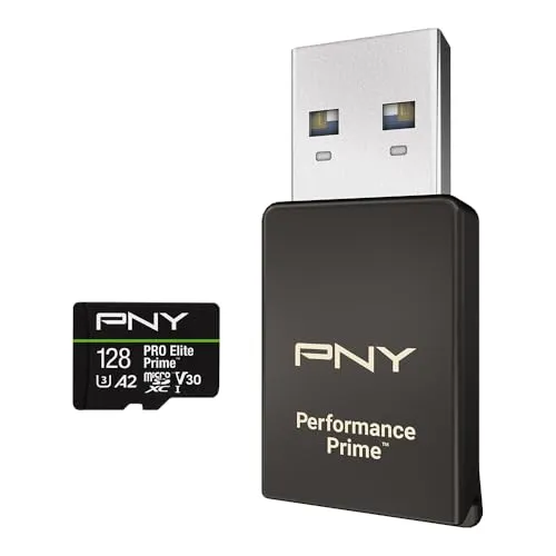 PNY Kit microSDXC/Lector microSD/Adaptador SD, Tarjeta microSDXC 128GB Pro Elite Prime Class 10 U3 V30 A2, Hasta 200MB/s, 4K UHD