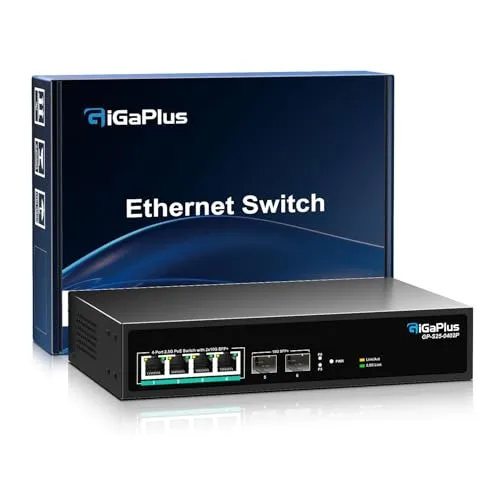 Ports 2.5Gb Unmanaged PoE Switch mit 4*2.5G Base-T PoE Ports, 2*10G SFP+ Uplink, 802.3af/at (PoE+), 60 Gbit/s Schaltkapazität, GigaPlus 2.5G PoE Switch für 2.5 Gb NAS/PC, WiFi6 Router, Wireless AP 6