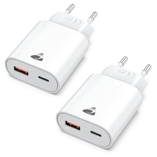 USB C Ladegerät, 2er Pack 20W Schnellladegerät mit 2-Fach USB Stecker (USB-C & USB-A), Handy Ladegerät mit PD 3.0 Power Adapter USB Netzteil für iPhone Samsung, Fast TypC Charger Mehrfach Ladestecker
