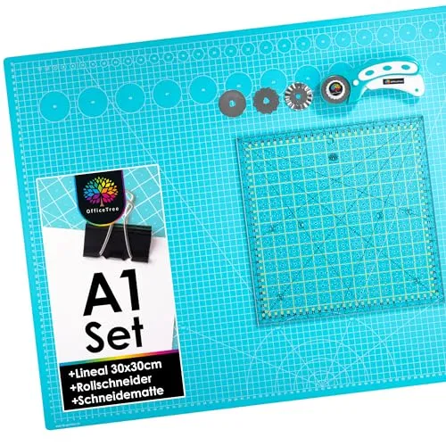 OfficeTree Schneidematte Set A1 mit Rollschneider und Lineal - Vielseitiges Schneidematten Set A1 (90x60 cm) mit selbstheilender Unterlage, Rollschneider und präzisem Schneiderlineal – ideal für Bastler, Näherinnen und Künstler.