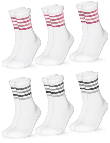 Occulto Damen Retro Tennissocken 80% Baumwolle 6er Pack (Modell: Steffi) Pink Grau Glitzer 35-38