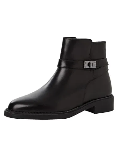 Tamaris Stiefelette mit Blockabsatz - Elegante Businesschuh in Schwarz mit dezentem Zierriemen und Logoprägung, ideal für stilvolle Auftritte im Büro oder bei besonderen Anlässen.