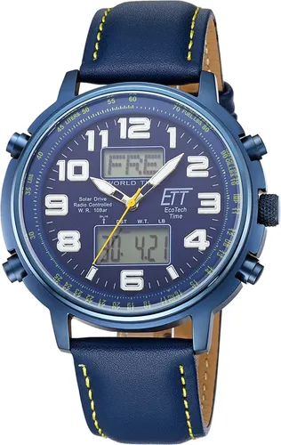 ETT EGS-11450-32L Solar Drive Funkuhr Hunter II - Herrenuhr 48mm 10ATM Blau - Chronograph mit Solar-Funk-Antrieb, ewiger Kalender und wasserdicht bis 10 bar. Sportlich-modernes Design mit blauem Zifferblatt und Lederarmband, ideal für aktive Männer.