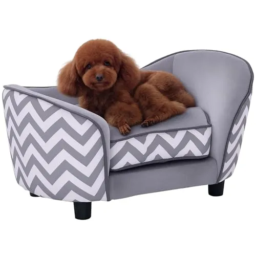 PawHut Hundesofa – Edles Haustiersofa für kleine Hunde - Stilvolles Hundesofa in Grau, ideal für kleine bis mittelgroße Hunde. Mit abnehmbarer Kissenhülle und praktischer Rückentasche für Spielzeuge.