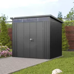 PRIMEYARD Gerätehaus 210 x 180 cm - Umbragrau metallic - Gerätehaus in Umbragrau metallic, ideal für die Aufbewahrung von Gartenwerkzeugen und Zubehör, robust und wetterfest für langfristige Nutzung.