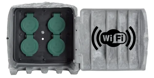 BOLD smarte Außensteckdose in Stein-Optik - IP44 Gartensteckdose mit 4-fach Stecker-Verteiler, bruchfestem Material und Smart Home Integration für einfaches Energiemanagement und Sprachsteuerung.