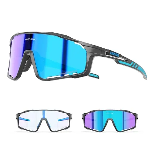 KAPVOE Fahrradbrille MTB Brille Selbsttönend Klar Radbrille Rennrad Sportbrille Sonnenbrille Radsport Laufen Golf Fahrerbrille Baseball Herren Damen Blau Schwarz 03