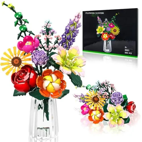 IKIDSUN Blumen Bausteine Bausatz, 9 Künstliche Blumen für Flowers, Blumenstrauß Bausteine Sets, Geschenke zum Muttertag, Geburtstag, Valentinstag Weihnachtstag, für Mädchen Erwachsene 6+, Keine Vase