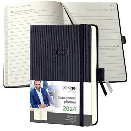 SIGEL C2411 Terminplaner Tageskalender 2024, ca. A6, schwarz, Hardcover, 400 Seiten, Gummiband, Stiftschlaufe, Archivtasche, PEFC-zertifiziert, Conceptum