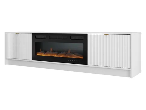 Mirjan24 TV Schrank Tireno EF mit Elektrischem Kamin - TV-Halterungen mit realistischem LED-Kamin und Heizfunktion, ideal für gemütliche Abende. Elegantes Design in Weiß mit gefräster Front und goldenen Griffen.