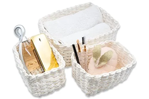 Morgan&Co. Set mit 3 Aufbewahrungskörben, Aufbewahrungskorb für das Badezimmer, Organizer aus em Papier, platzsparende Körbe, geflochten, stapelbar, 25 x 20 cm, Weiß, CST1N0OGGTT01