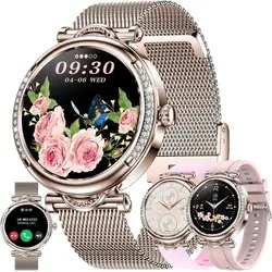Damen Smartwatch mit Telefonfunktion 1.27 Inch Display Edelstahlarmband Diamant Lünette 123 Sportmodi Fitness Uhr IP68 wasserdicht Android iOS - Gold