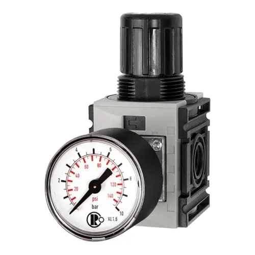 Druckregler FUTURA-mini mit Standardmanometer - Druckluftzubehör mit modernem Design, hervorragenden Durchflusswerten und arretierbarem Regelknopf für präzise Druckregelung von 0,1 bis 4 bar.