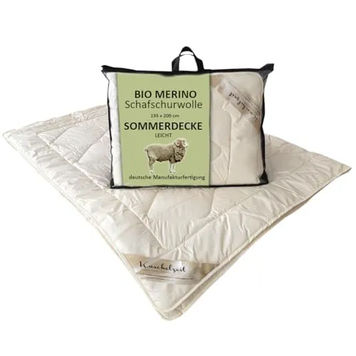 Meivita Naturhaarbettdecke Bio Merino Schafschurwolle - Hochwertige Sommerdecke aus 100% kbA Baumwolle und kbT Merino Schafschurwolle, atmungsaktiv, temperaturausgleichend und ideal für jedes Klima. Hergestellt in Deutschland.