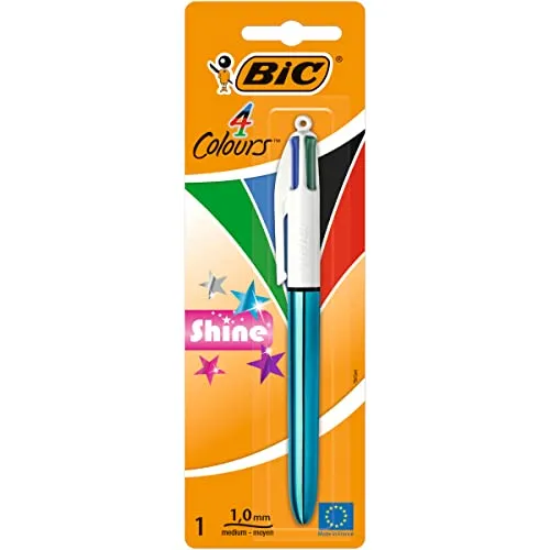 BIC 4 Farben Kugelschreiber 4 Colours Shine, Schaft Farbe variiert, 1er Pack, Ideal für das Büro, das Home Office oder die Schule