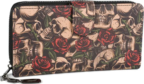 styleBREAKER Damen Geldbörse mit Allover Totenkopf Rosen Print, Reißverschluss und Druckknopf, Portemonnaie 02040151