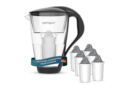 PearlCo Wasserfilter Glas Wasserfilter Schwarz mit 6 Protect Plus Filterkartuschen