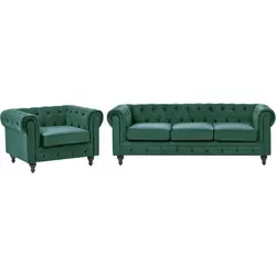 Beliani Wohnzimmer Set Samtstoff Chesterfield Grün - Elegantes 3-Sitzer Sofa und Sessel im Chesterfield-Stil, aus pflegeleichtem Samtstoff und mit Massivholzfüßen für höchsten Sitzkomfort.