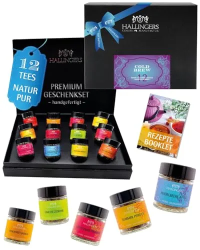Hallingers Genuss Manufaktur Cold Brew Tee Geschenkset - 12 Sorten Premium loser Tee im Glas in edler Geschenkbox, vegan & glutenfrei, Tee Set 