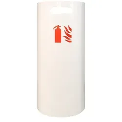 Dönges Feuerlöscherabdeckung - Design Wandhalterung in Weiß - Feuerlöscherhalterung aus robustem, korrosionsgeschütztem Stahl mit praktischem Haltegriff und klarer Kennzeichnung für einfache Handhabung und Sicherheit.