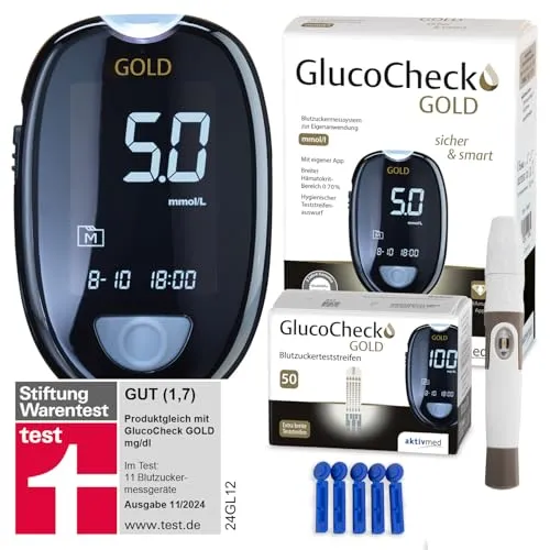 GlucoCheck GOLD Blutzuckermessgerät Set [mmol/l] mit 60 Blutzuckerteststreifen, 10 Lanzetten, 1 Stechhilfe, 1 Etui, Sparset zur Blutzucker-Selbstkontrolle bei Diabetes