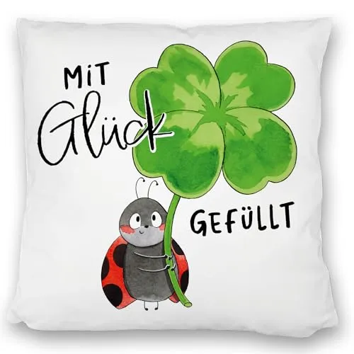 speecheese Marienkäfer Kissen satiniert mit Spruch Mit Glück gefüllt Glücksbringer Klee Fliegenpilz Frühlingsgrüße für Gesundheit Glück