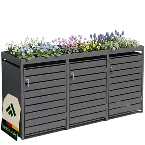 NovaTerra Mülltonnenbox mit Pflanzendach, 3 Türen, W196*D80*H124cm - Hochwertige Mülltonnenbox aus pulverbeschichtetem Metall für bis zu 3 x 240 Liter Tonnen. Mit integriertem Pflanzdach und stabiler Auffangkette für mehr Sicherheit und ansprechendes Design im Außenbereich.