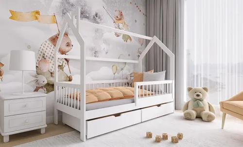 Hausbett Kinderbett NIKOLE 200x90cm - Kiefer Massiv Weiß mit Rollrost - Modernes Hausbett für das Kinderzimmer, inklusive Rollrost und 2 Schubladen für zusätzlichen Stauraum. Ideal für einen gemütlichen Schlafplatz.
