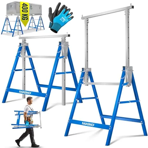 MASKO® Teleskop-Arbeitsbock Untergestell - Werkstatteinrichtung mit max. Belastbarkeit von 200 kg und flexibler Höhenverstellung von 800-1300 mm, ideal für sichere und stabile Arbeiten, inklusive Handschuhe.