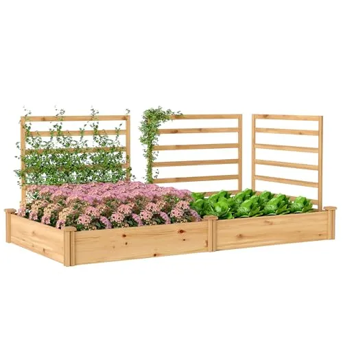 Hochbeet mit Rankgitter und Trennwand aus Holz - Rechteckiges Hochbeet mit Rankgitter für Kletterpflanzen, ideal für den Außenbereich. Individuell gestaltbar und robust aus Tannenholz, bietet ausreichend Platz für Ihre Pflanzen.