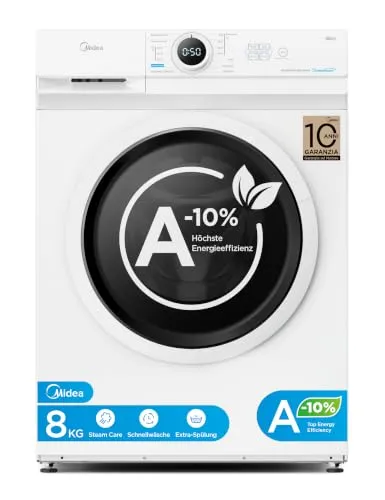 Midea Waschmaschine 8 kg Energieklasse A-10% 1400 U/Min Weiß MF10EW80BA10 | Inverter Quattro Motor, Dampffunktion, große Trommel, Nachlegefunktion, Kindersicherung, AquaStop