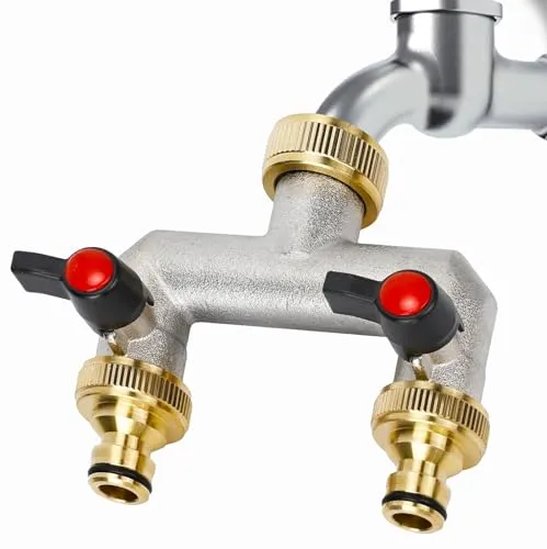 Wege Wasseranschluss Verteiler Hahnverbinder, Garten Wasserhahn Wasserverteiler aus Messing, 3/4 Zoll Schlauchanschluss, 2er Adapter 1/2 mit Kugelhahn für Garten Bewässerung System 2