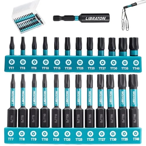 LIBRATON Torx Bit Set, 25-tlgs Torx mit Loch Set für Schlagschrauber,(T7-T40) S2-Stahl Tamper Resistant Bitsatz mit Magnetisch Spitzen 2.5cm und 5cm lang, mit Magnethalter und Aufbewahrungsbox
