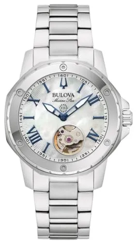 Bulova 96L326 Damenuhr Marine Star Automatik 35mm - Silber - Damenuhr mit Automatikwerk, 10 ATM wasserdicht und elegantem Perlmuttzifferblatt. Ideal für jeden Anlass und perfekt für stilbewusste Frauen.