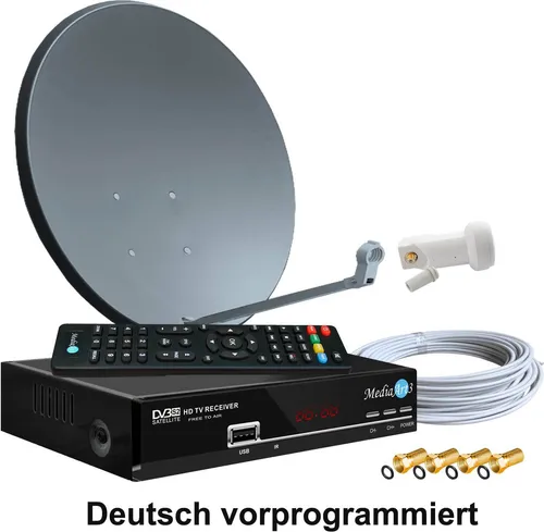 Digitale Satanlage Komplettset 60cm mit HDTV Receiver - SAT-Antennen Komplettset für 1 Teilnehmer, 60 cm Sat-Spiegel mit hochwertigem 0,1dB LNB und benutzerfreundlichem HDTV Receiver für über 100 deutsche TV-Sender in Full HD.
