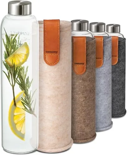 Cosumy Trinkflasche aus Glas mit Filztasche 750ml - Spülmaschinenfest - Auslaufsicher - BPA-frei - für Kohlensäure geeignet (Beige)