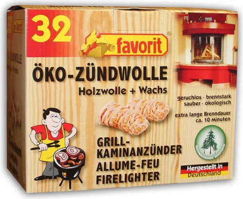 Favorit 1228 Öko-Zündwolle Anzünder - 32 Stück, umweltfreundlich aus Holzwolle und Wachs, extra lange Brenndauer für sicheres Anzünden von Kamin, Ofen und Grill