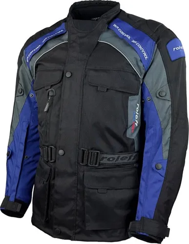 roleff Motorradjacke Liverpool RO Unisex – Blau/Schwarz mit Sicherheitsstreifen - Wasserdichte und winddichte Motorradjacke mit 4 praktischen Taschen. Ausgestattet mit reflektierenden Details und Protektoren für optimalen Schutz und Komfort.