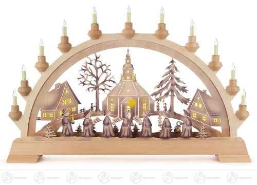 Schwibbogen Seiffener Kirche farbig, elektrisch beleuchtet - Traditioneller Schwibbogen mit 11 Lichtern für stimmungsvolle Weihnachtsdekoration. Aus hochwertigem Holz gefertigt und ideal für Wohnzimmer, Küche oder Schlafzimmer.
