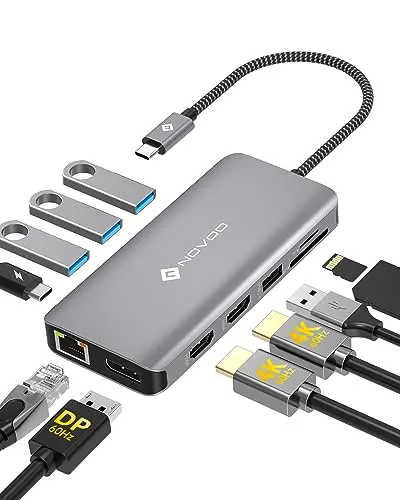 NOVOO Docking Station 4K@60Hz USB C Hub - Weiteres Notebook-Zubehör mit Ultra 4K Dreifachanzeige, unterstützt bis zu 3 externe Monitore und bietet 100W PD Ladeanschluss für effizientes Arbeiten.