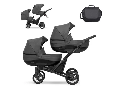 Zwillingswagen Twin Star 4 in 1 Set - Grau-Grün, 13 Teile - Kombikinderwagen mit 3 Aufsätzen für jeden Bedarf: 2 Wannen, 2 Sportsitze und 2 Autositze. Geländetauglich mit 360° schwenkbaren Vorderrädern und umfangreichem Zubehör für sicheren Komfort von Geburt bis 4 Jahre.