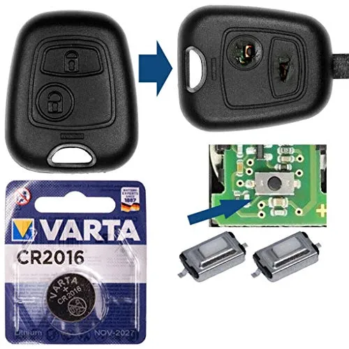 Repair Reparatur Satz Auto Schlüssel Austausch Gehäuse mit 2 Tasten + Drucktasten + Batterie kompatibel mit Peugeot 206