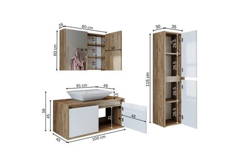 Roomart Badmöbel-Set, (Badmöbel Set 4-teilig 100cm Unterschrank mit Waschbecken Hochschrank)