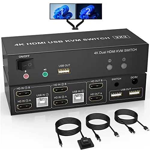 Dual Monitor HDMI KVM Switch 2 Port – 4K@60Hz - KVM-Switch für 2 PCs und 2 Monitore: Steuern Sie mehrere Geräte mit einer Tastatur und Maus. Unterstützt 4K@60Hz für gestochen scharfe Bilder und sorgt für einen aufgeräumten Arbeitsplatz.