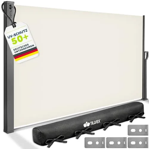 tillvex® Seitenmarkise 160 x 400 cm – Ausziehbar & Blickdicht | Optimaler Sichtschutz für Balkon, Garten & Terrasse - Markisen: Maximale Privatsphäre und UV-Schutz 50+, robuste Konstruktion aus rostfreiem Stahl für lange Lebensdauer, ideal für ungestörte Momente im Freien.