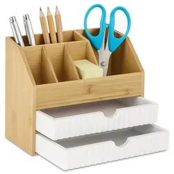 Relaxdays Schreibtisch Organizer Bambus Weiß,Hellbraun