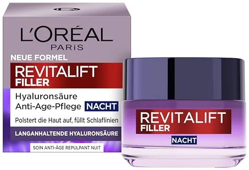 L'Oréal Paris Revitalift Filler Nachtpflege 50ml - Anti-Aging Nachtpflege mit 2 Arten von Hyaluronsäure für eine intensive Hautauffüllung und 48h Feuchtigkeit. Ideal für Frauen ab 30 Jahren, die sichtbar frische und pralle Haut am Morgen wünschen.
