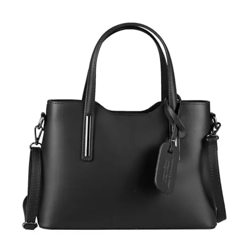 OBC Made IN Italy Damen Echt Leder Tasche Business Shopper Schultertasche Handtasche Ledertasche Umhängetasche Rindsleder Freizeittasche Schwarz