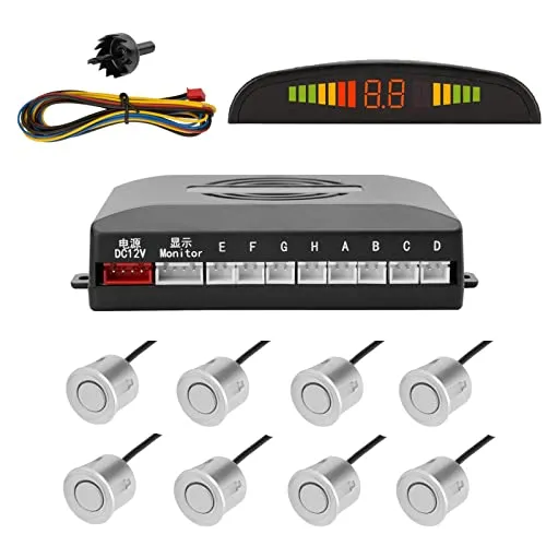 Tkoofn KFZ Summer Einparkhilfe Rückfahrhilfe 8 hinten Sensoren Hinter mit LED Farb Display Auto Parken Sensor System Pieper Radar Kit Hinter - Silber