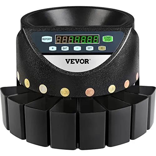 VEVOR Euro Münzzähler Sortierer 500-1000 Münzen Elektronische Automatik EUR Münzzählmaschine 300 Münzen pro Minute mit 8 Münzschubladen für Schulladenbank, schwarz